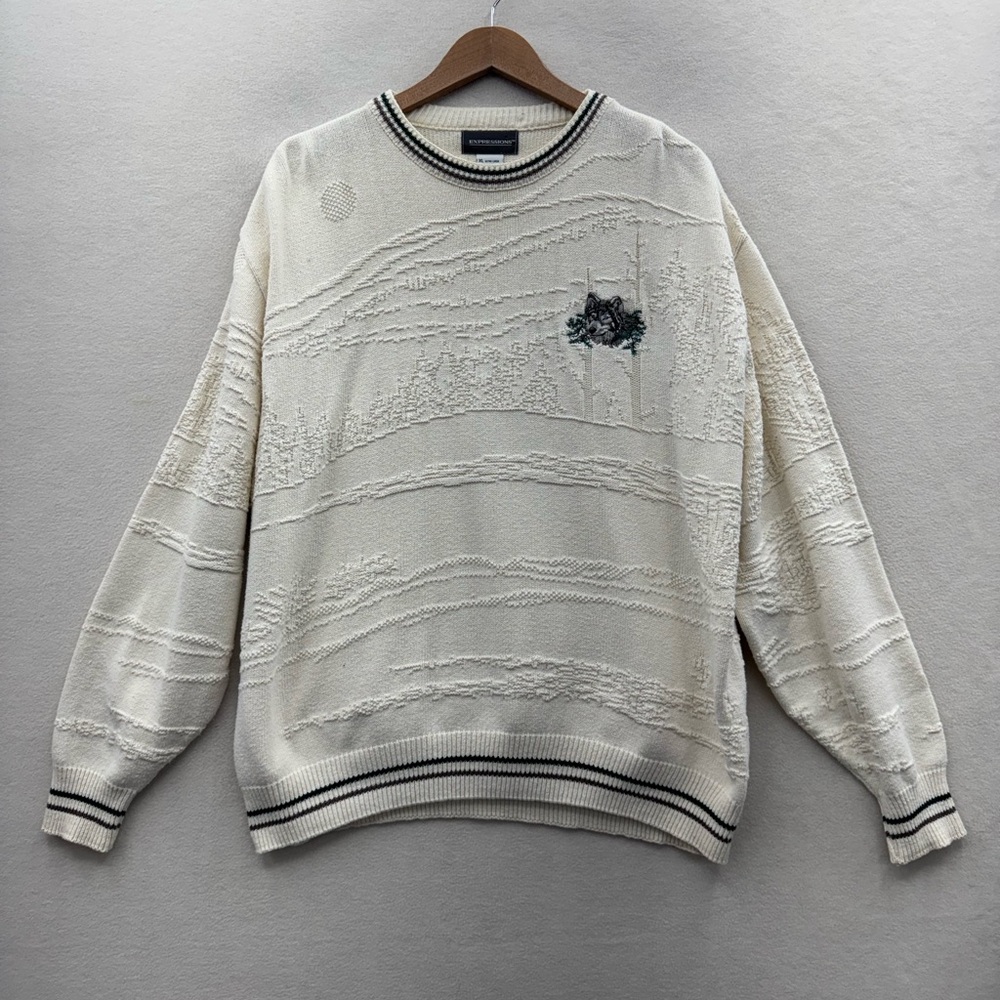 Vintage Wolf Sweater Men's XL Cream Textured Knit USA Made Nature Embroidered